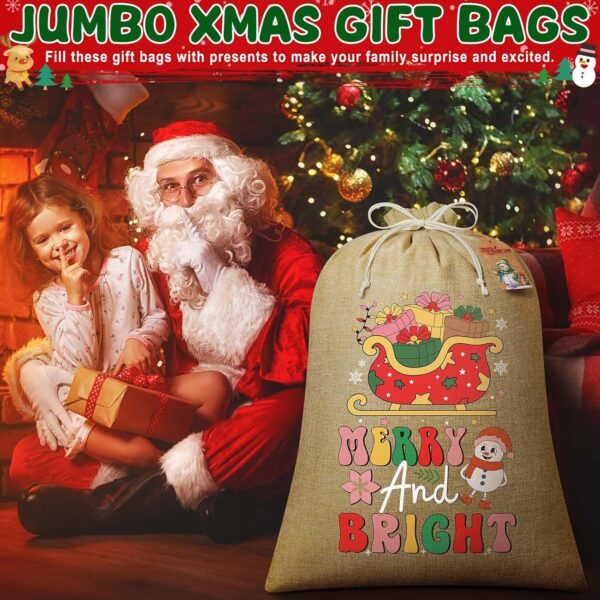 3PCS Large Burlap Christmas Drawstring Gift Bags with Tags, 18x24in Linen Christmas Gift Bags, Big Holiday Gift Bags Reusable Gift Wrapping Bags Jute Santa Sack for Xmas Present Party Favors - Image 5
