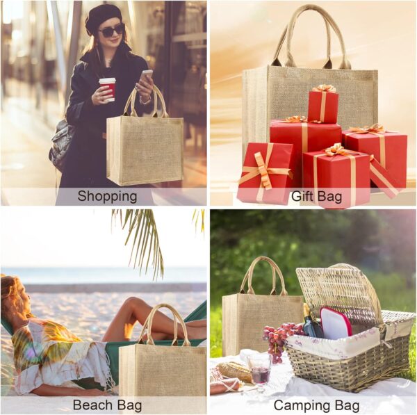 8 Pcs Burlap Tote Bags Bulk, Reusable Jute Tote Bag with 10Yd Ribbon Blank Burlap Gift Bag with Handle Waterproof Beach Tote Bag for Shopping Bridesmaid Gifts Bag 12.2''x10.6''x6.3'' - Image 5