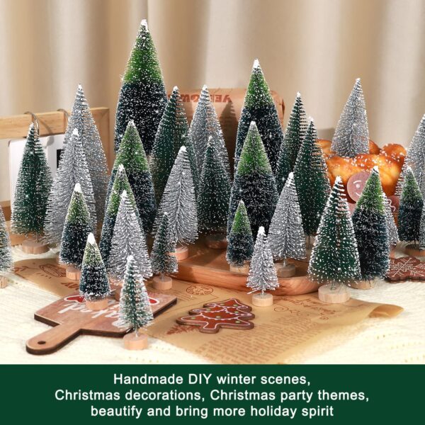 30Pcs Mini Christmas Trees Artificial Christmas Tree Bottle Brush Trees with Wooden Base for Christmas Decor Christmas Party Home Table Craft Decorations(Dark Green+Silver) - Image 6