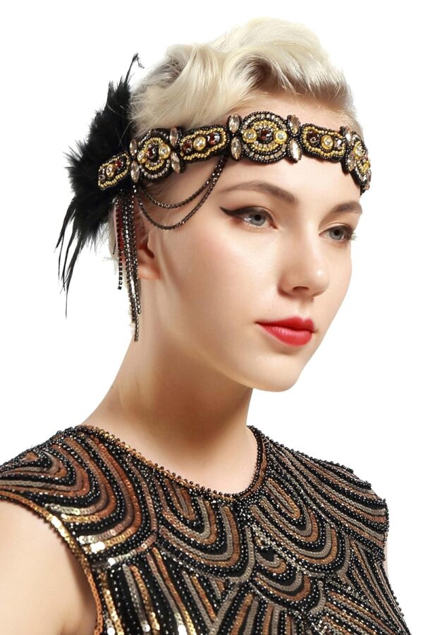BABEYOND 1920s Flapper Headband Roaring 20s Gatsby Headpiece Black Feather Headband 1920s Flapper Hair Accessories (Gold)