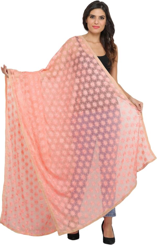 Exotic India Phulkari Dupatta from Punjab with Embroidered Bootis in Self-color Thread - Chiffon
