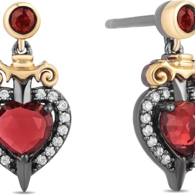Jewelili Enchanted Disney Fine Jewelry 10K Yellow Gold and Sterling Silver Evil Queen Earrings with 1/8 CTTW Diamonds and Red Garnet
