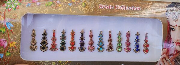 Multicolored Crystal Bindi Bridal face Jewels Forehead Tika Indian Bindis for women bindi Indian multicolor round long small gold (Long Bindis - 12 Bindi) - Image 3