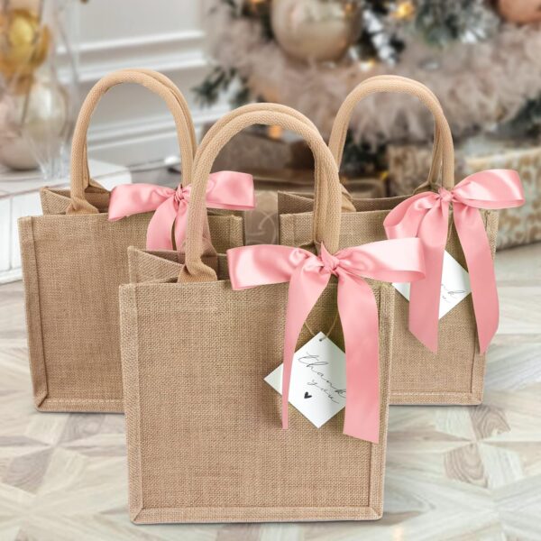 6 Pack Burlap Tote Bags with Handles Reusable Small Jute Gift Bags with Pink Silk Ribbons Waterproof Lining for Wedding Bridesmaid Mother's Day Bachelorette Beach Party - Image 6