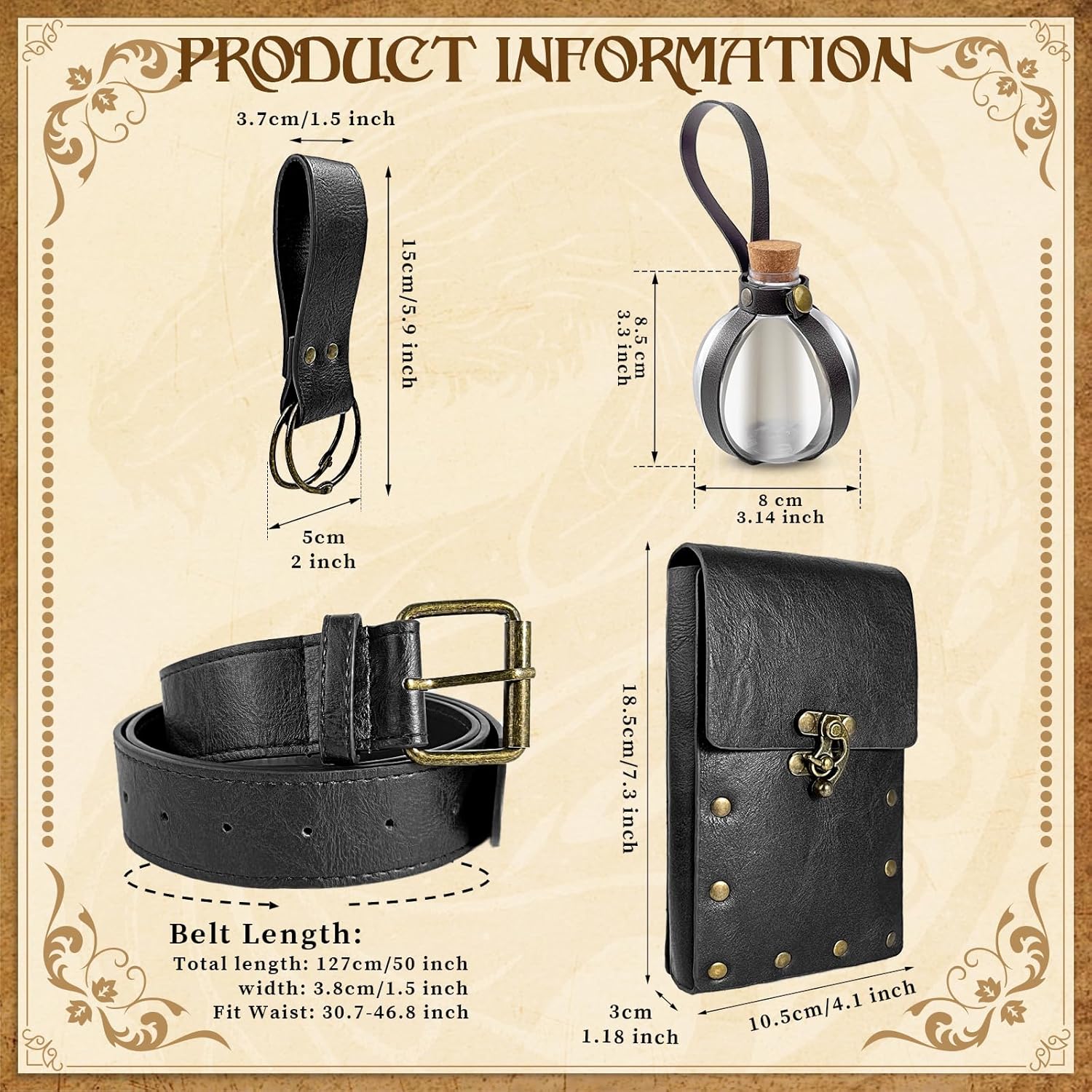 Renaissance Belt Pouch Waist Bag Steampunk Pouch Medieval Leather Belt Pouch Skirt Hikes Set, Retro Renaissance Accessories for LARP Cosplay Costume Christmas Gifts (1Bottle-Black) - Image 4