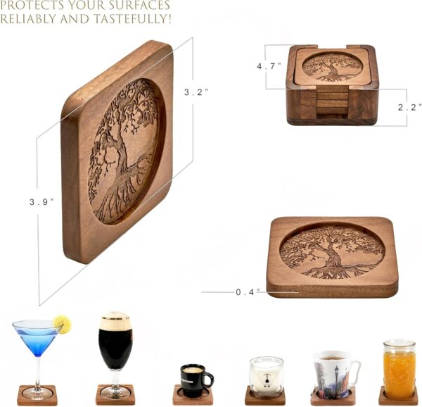 Walnut Coasters Set of 4 with Holder Update November 2024 Wooden Coasters Coasters with Holder Wood Coasters Coasters Cup Coasters for Table Wood Coasters for Drinks Brown Coasters Square Coasters - Image 4