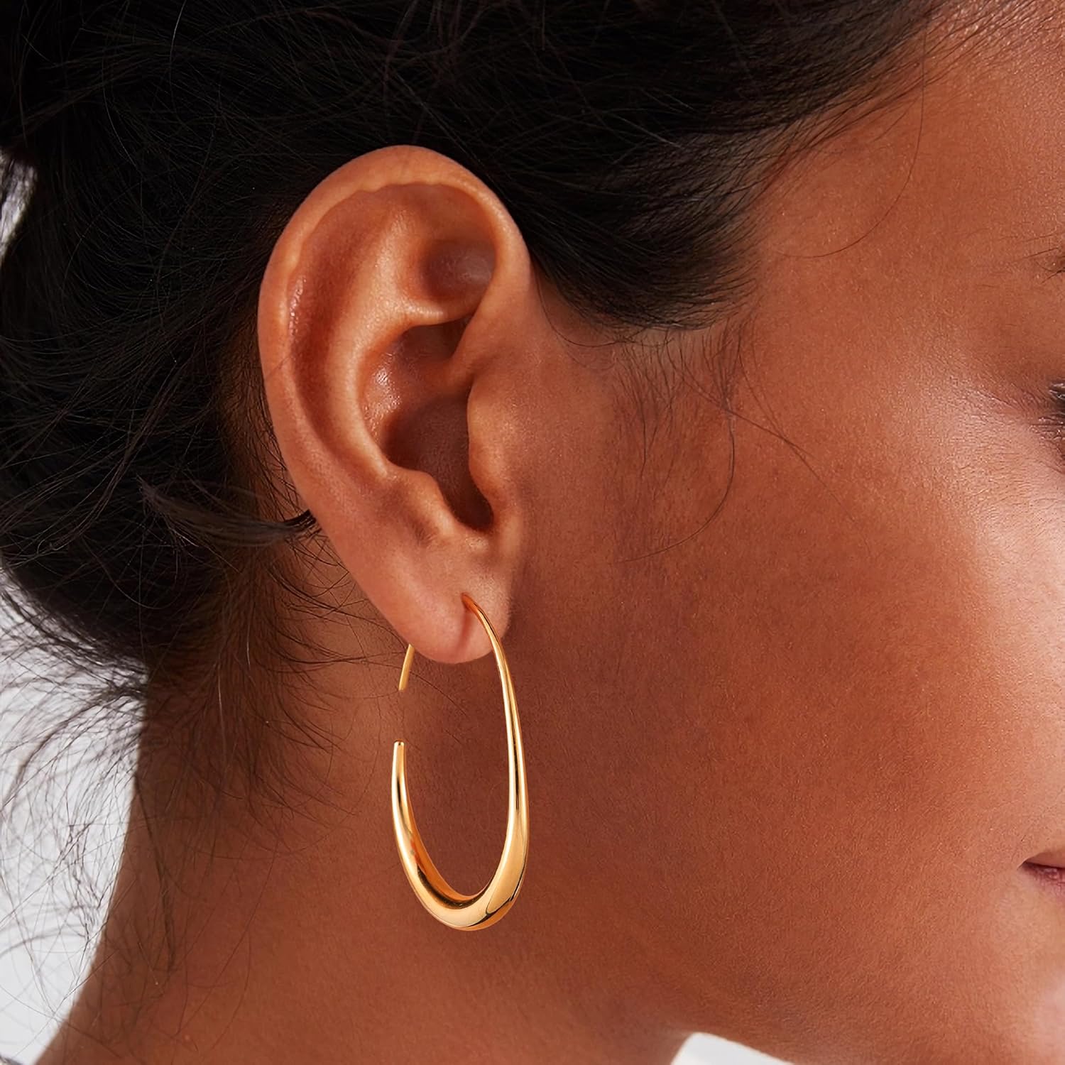 Gacimy Teardrop Hoop Earrings for Women, 14K Gold Plated Oval Pull Through Hoop Earrings for Women, Gold Drop Hoop Earrings for Women - Image 2