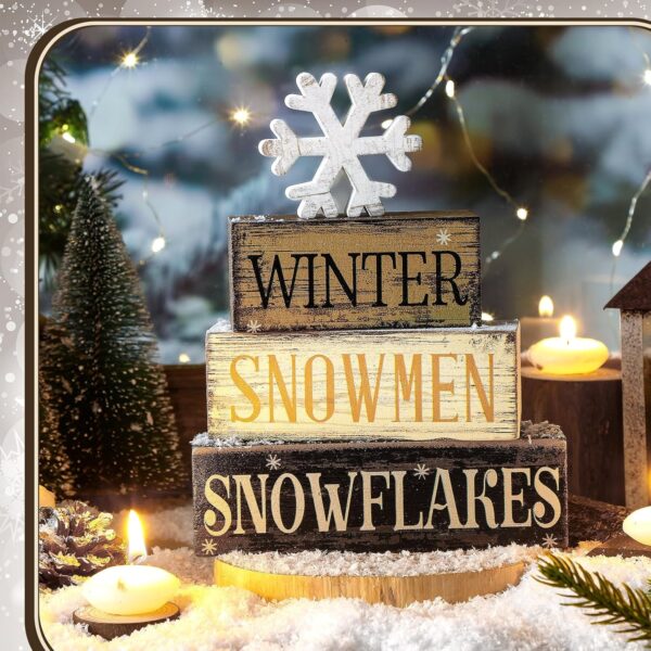 4 Pcs Winter Wooden Tabletop Decor Snowflake Tiered Tray Decor Christmas Centerpiece Rustic Winter Snow Block Signs Gift Farmhouse Winter Table Shelf Decoration for Home Office Party (Snow) - Image 6