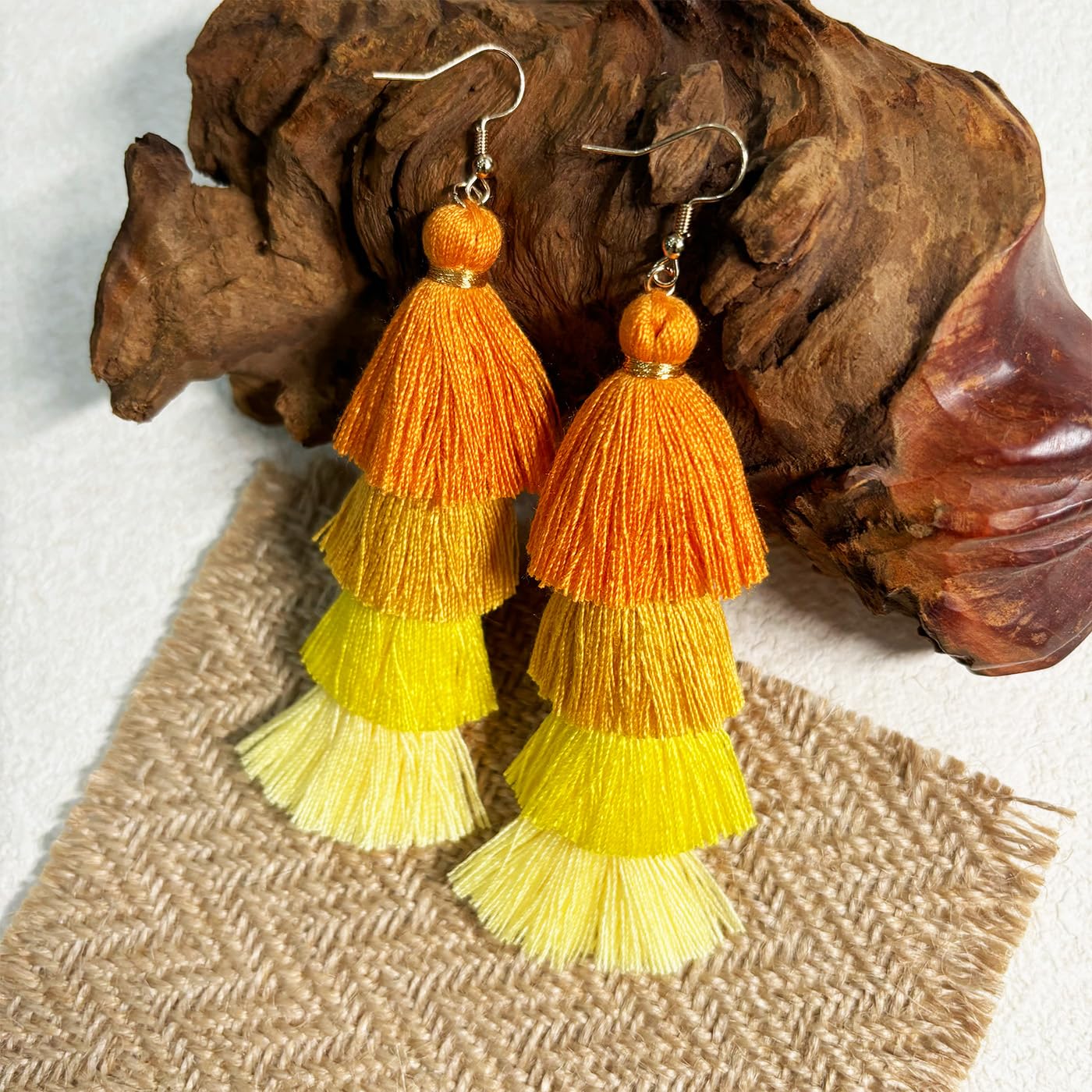 Handmade Bohemian Rainbow Layered Tassel Earrings for Women and Girls (Orange Ombre) - Image 5