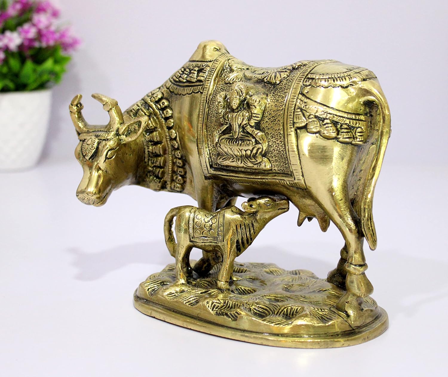 Esplanade Brass Holy Kamdhenu Kamadhenu Cow and Calf Sculpture - Lucky Figurine Idol Statue Sculpture (6 Inch) - Image 2