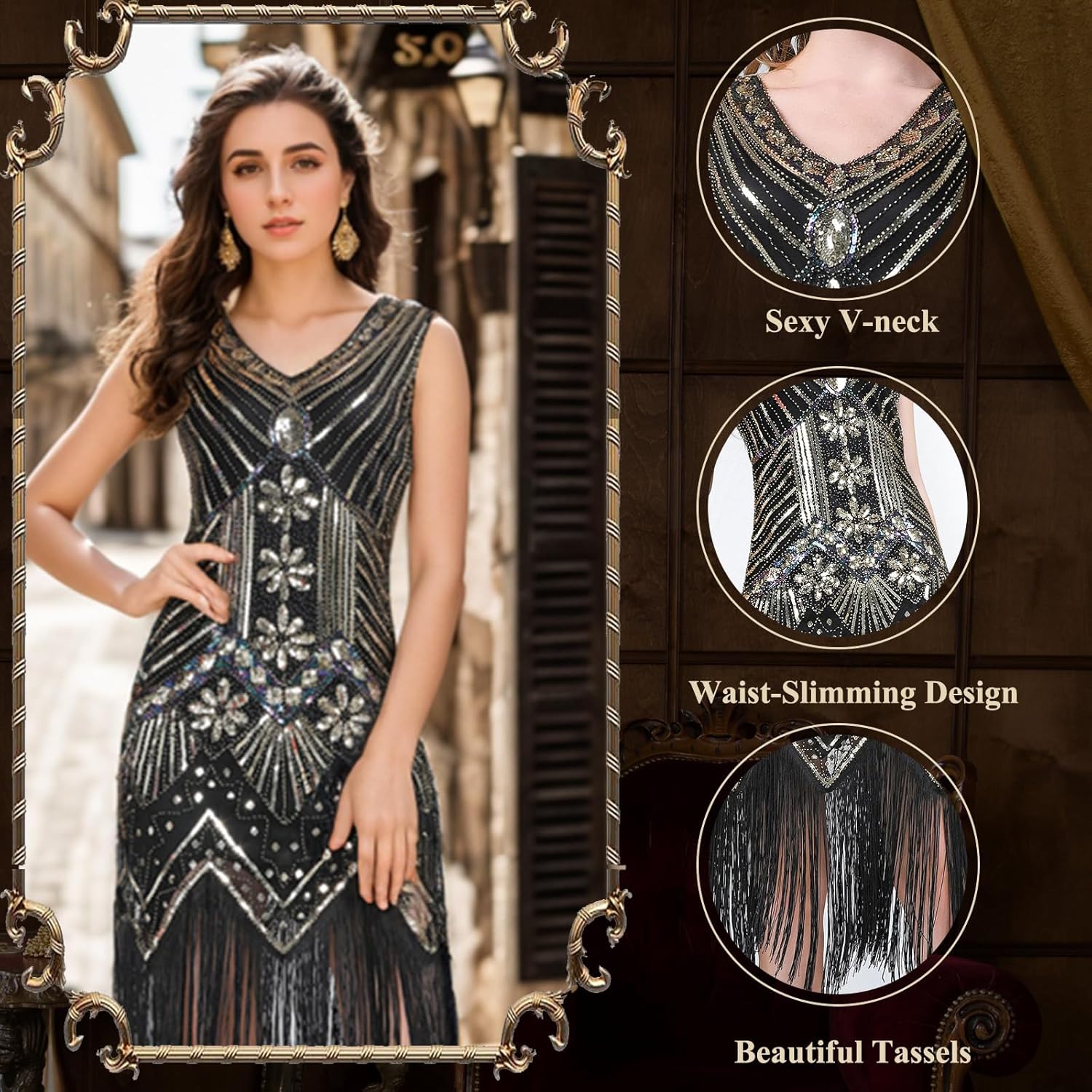 FEPITO 1920s Flapper Dresses for Women, Fringed Sequin Great Gatsby Dress for Women with 20s Accessories, Roaring 20s Costume - Image 3