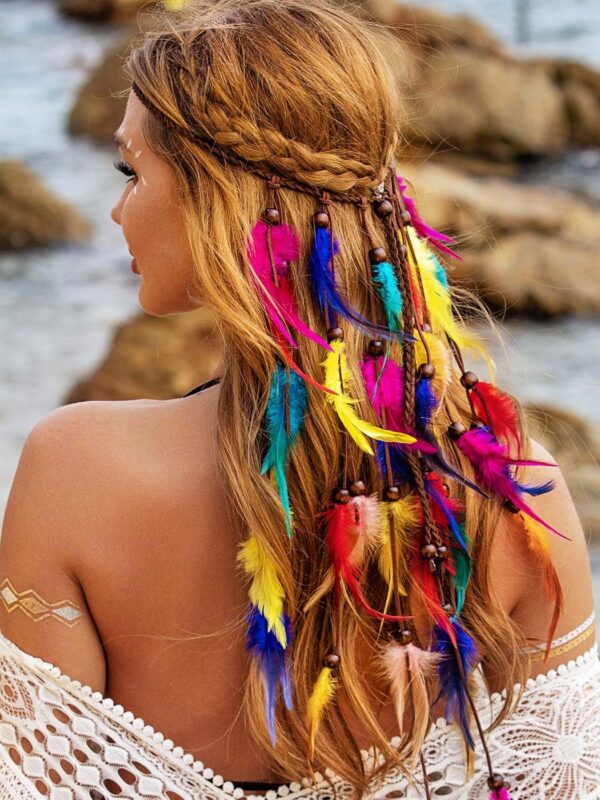 Boho Feather Headband Rainbow Indian Headbands Hippie Feather Headdress Adjustable Long Feather Hair Accessories for Women and Girls - Image 2