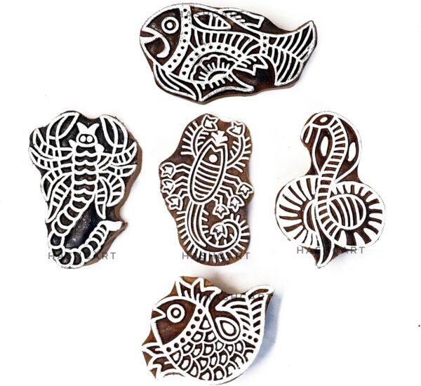 Wooden Stamp Block for Printing - Handcarved Indian Textile Printing Blocks for DIY Craft Card Making, Project Designing, Clay, Pottery, Tattoo Print HASHCART® | Set of 5 | - Image 2