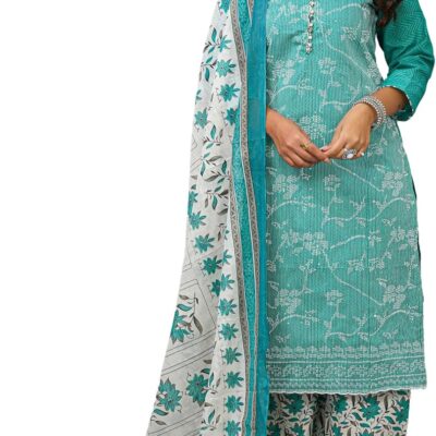 ladyline Womens Cotton Salwar Kameez Suit All over Embroidered with Printed Lawn Dupatta