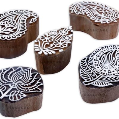 HASHCART® Elegant Designs Flower and Lotus Wooden Block Stamps Set of 5, Handmade Wood Printing Stamps for Kids' Art Projects, Textiles, Fabric, Clay, Henna, Tatotoo, Wood Stamps for Craft