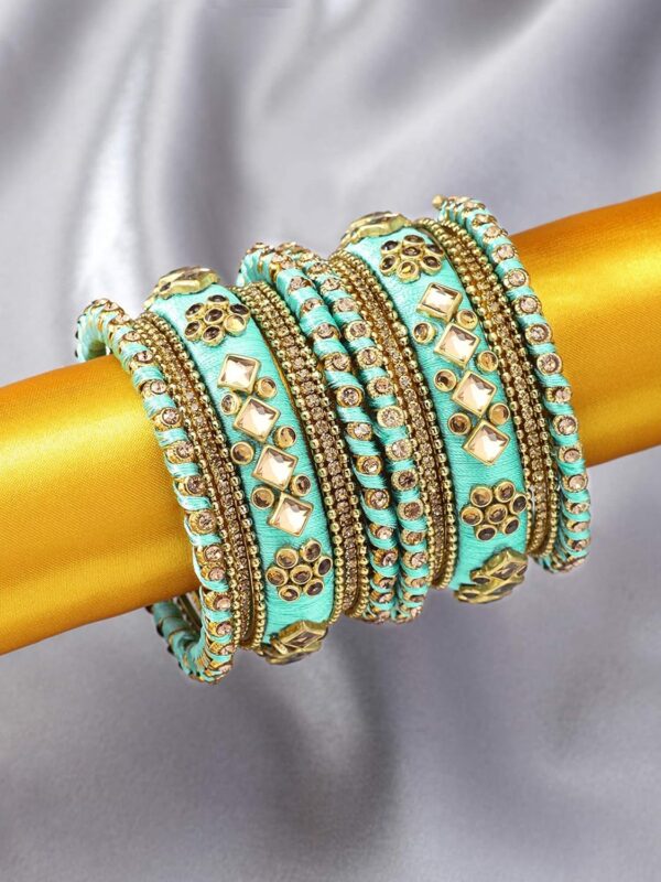 Aheli Ethnic Handmade Silk Thread Faux Stone Studded Bangle Set Bracelet Chudha Indian Wedding Festive Wear Fashion Jewelry Gift for Women Blue - Image 3