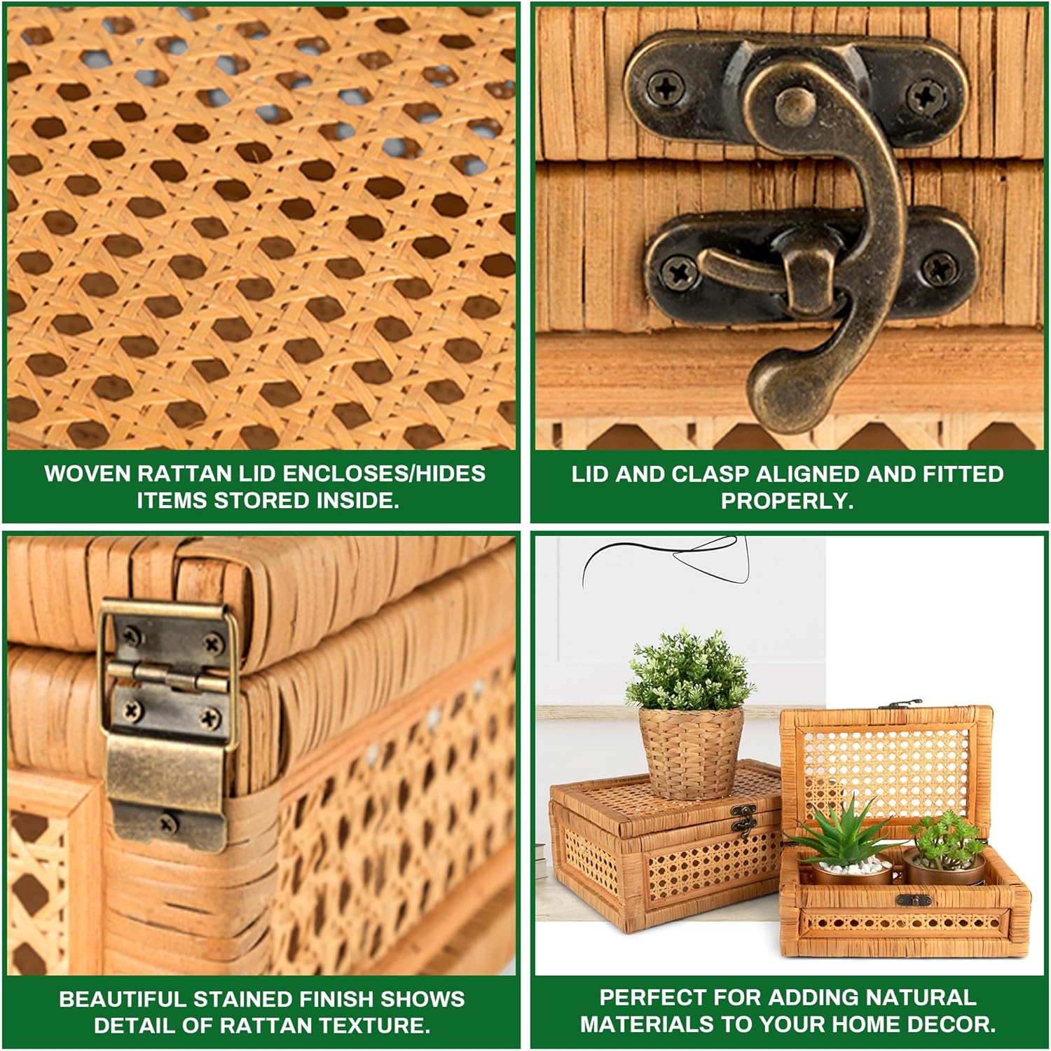Handcrafted Rattan and Cane Rectangular Display Boxes - Stackable Set of 2 with Woven Lids and Metal Clasps - Creative Home Storage and Decor for Shelves - Image 4