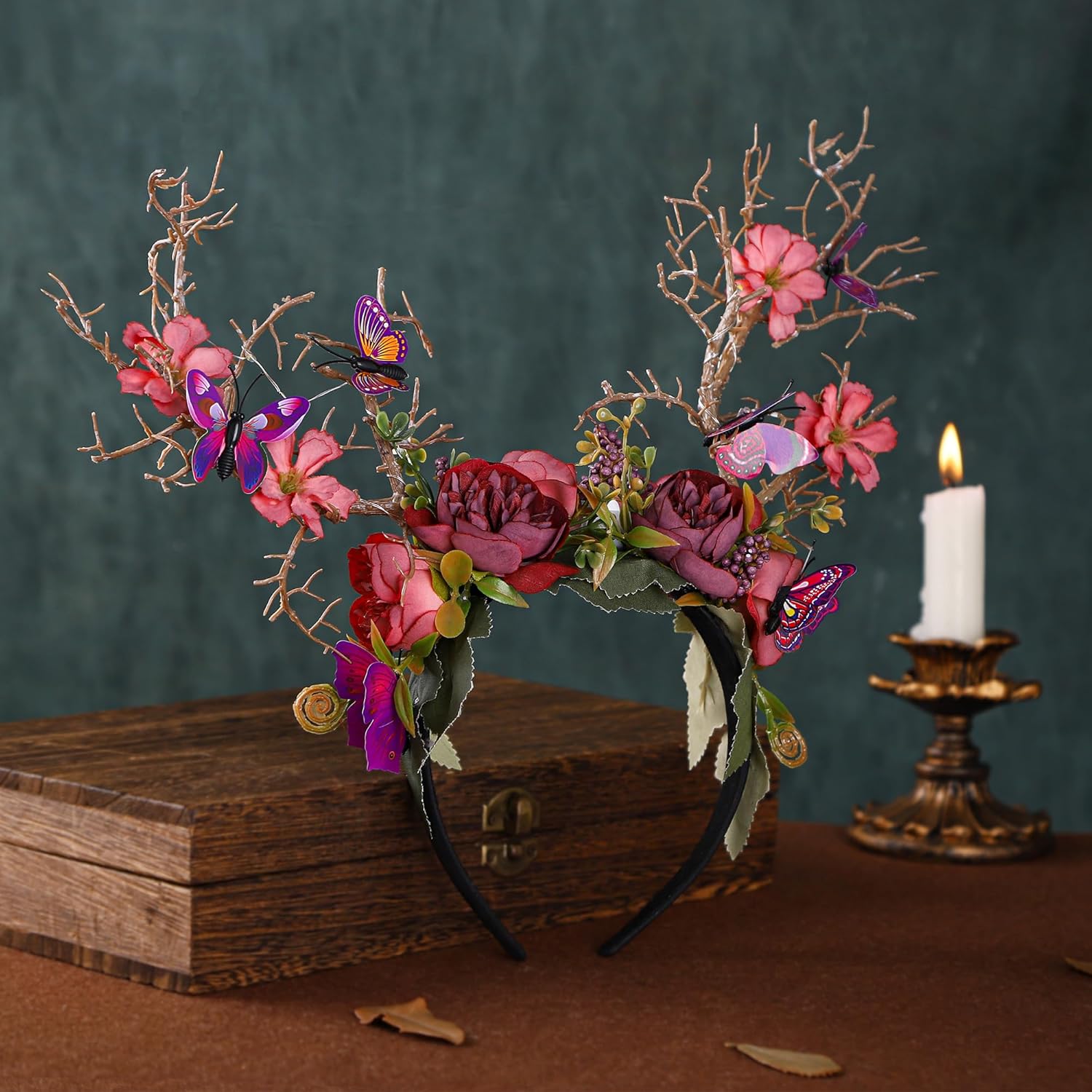 MOSTORY Purple Flower Branch Headband - Light up Woodland Hairband with Butterfly Forest Antler Headpiecde for Women Renaissance Faire Cosplay Halloween Prom - Image 4