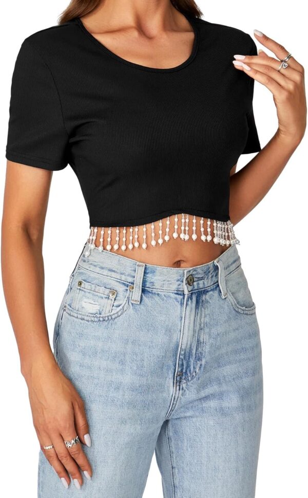 LYANER Women's Round Neck Short Sleeve Tassel Trim Hem Rib Crop Top Blouse - Image 4
