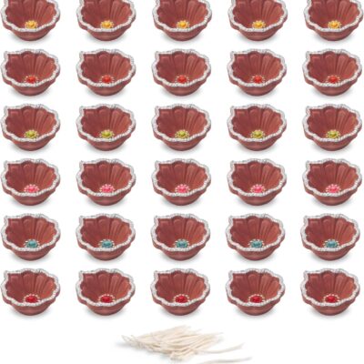 Set of 30 Pieces Multi Color Flower Print Decorative Handmade Clay Mitti Diya, Deepak, Traditional Diya for Pooja, Diwali Decoration with Cotton Wicks Christmas Gift