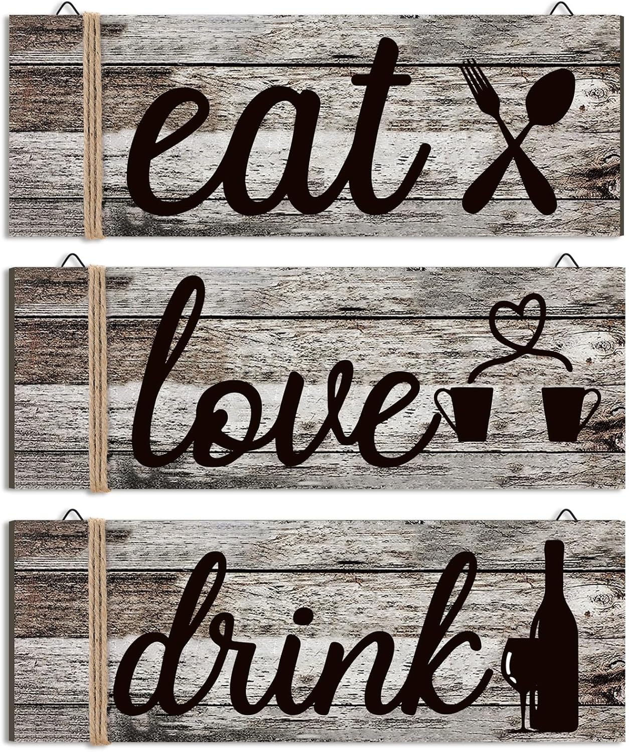 Jetec 3 Pcs Farmhouse Kitchen Wall Decor Eat Sign Rustic Wooden Kitchen Sign Wood Home Sign Eat Drink Love Sign with Hanging Hole for Home Kitchen Living Room Bar Decor (Classic Color,Rustic Style)