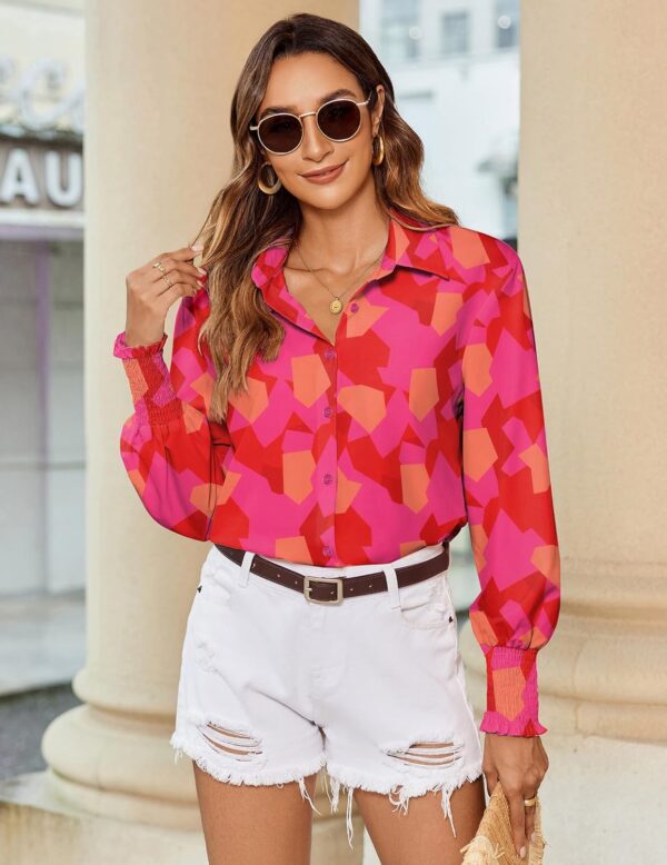 Zeagoo Women's Button Down Shirts Loose Fit Striped Printed Lantern Long Sleeve Blouses Smocked Cuff Business Work Fall Tops - Image 4