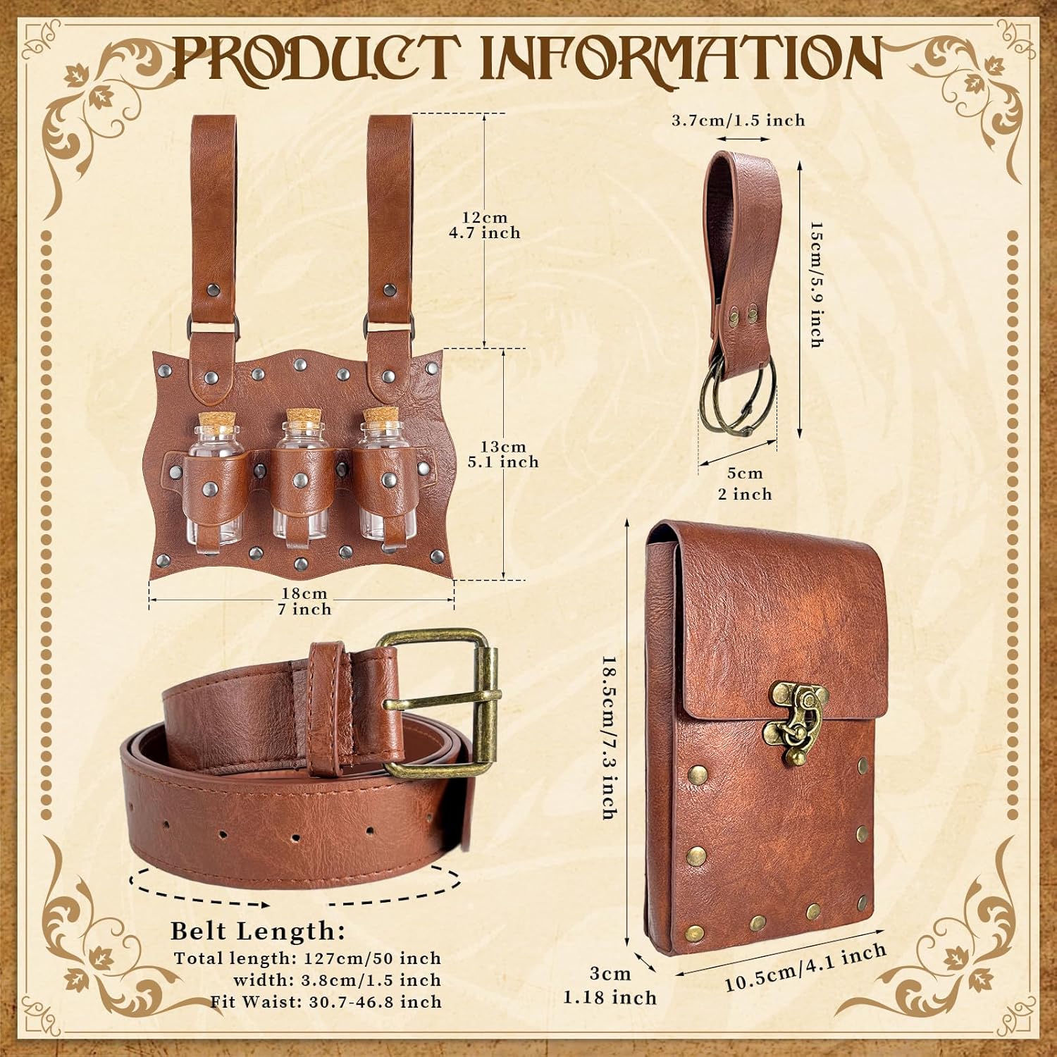 Medieval Alchemy Belt Potion Bottle Waist Pouch Skirt Hikes Set Renaissance Costume Accessories for LARP Cosplay Costume Christmas Gifts (3Bottles-Brown) - Image 3