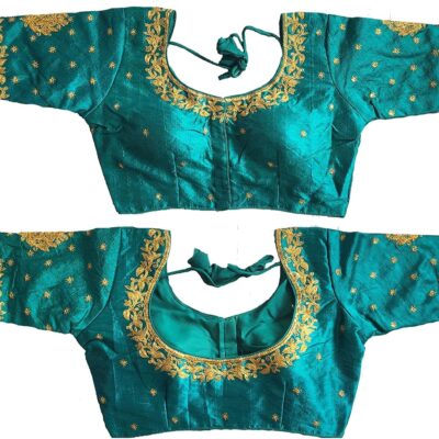 Phantom Silk Saree Sari Blouse Back Design Thread Floral Embroidery Half Sleeve Readymade for Women