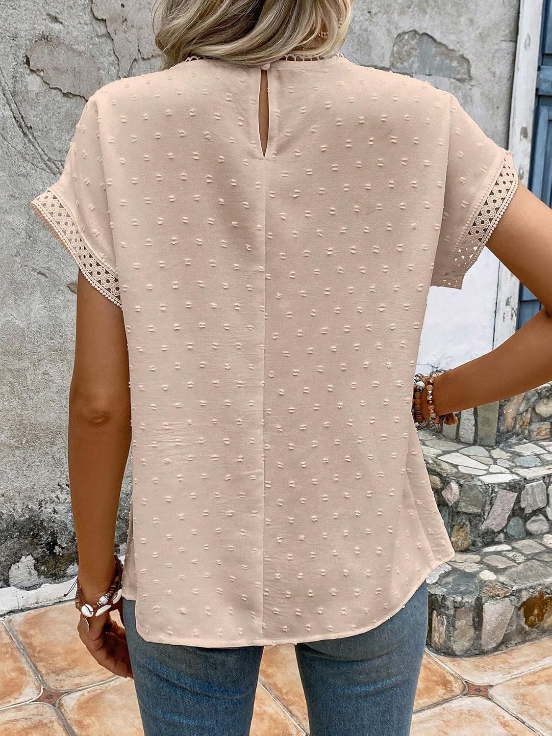 SweatyRocks Women's Casual Short Sleeve Summer Top Round Neck Lace Crochet Blouse Swiss Dots Blouse Tops - Image 2