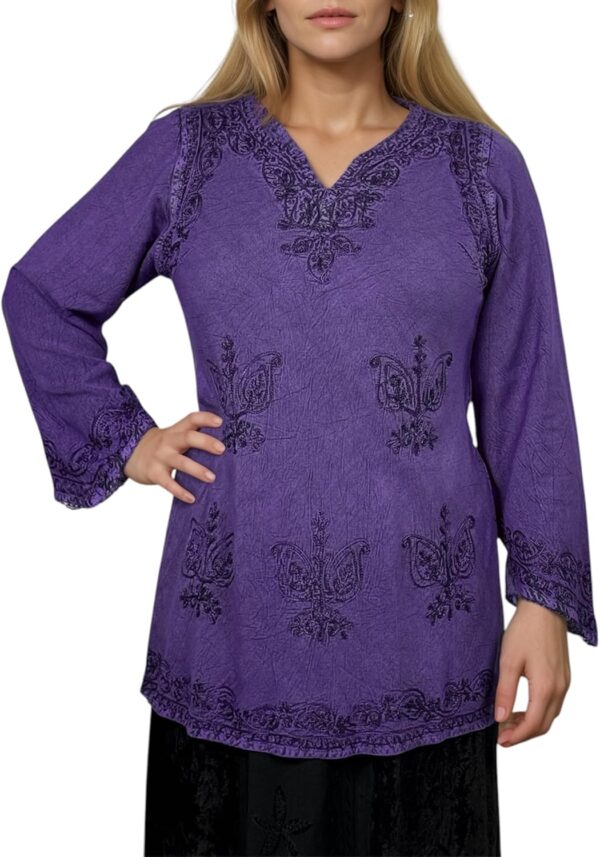Agan Traders Long Sleeve Diamond Neck Fall Embroidered Tops for Women - Medieval Boho Vintage Tunic Kurta Blouses for Women - Image 2