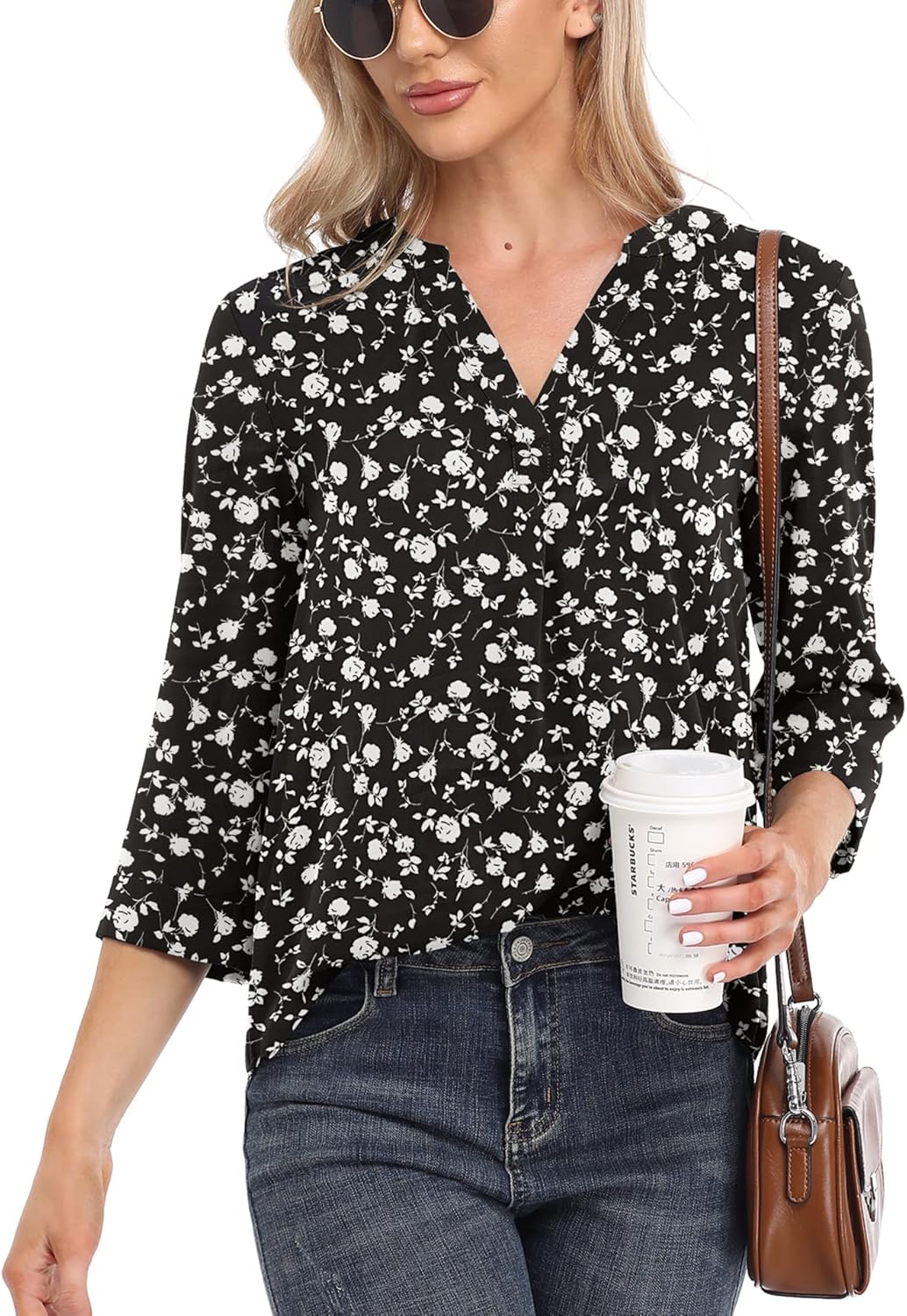 VIISHOW Womens Tops Casual Chiffon Blouses Tops 3/4 Sleeve V Neck Tunic Top Loose Shirt