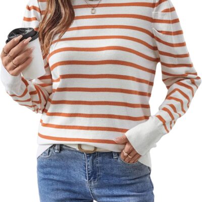 Women's Long Puff Sleeve Knit Tops 2024 Trendy Crew Neck Striped Blouses Casual Pullover Sweater