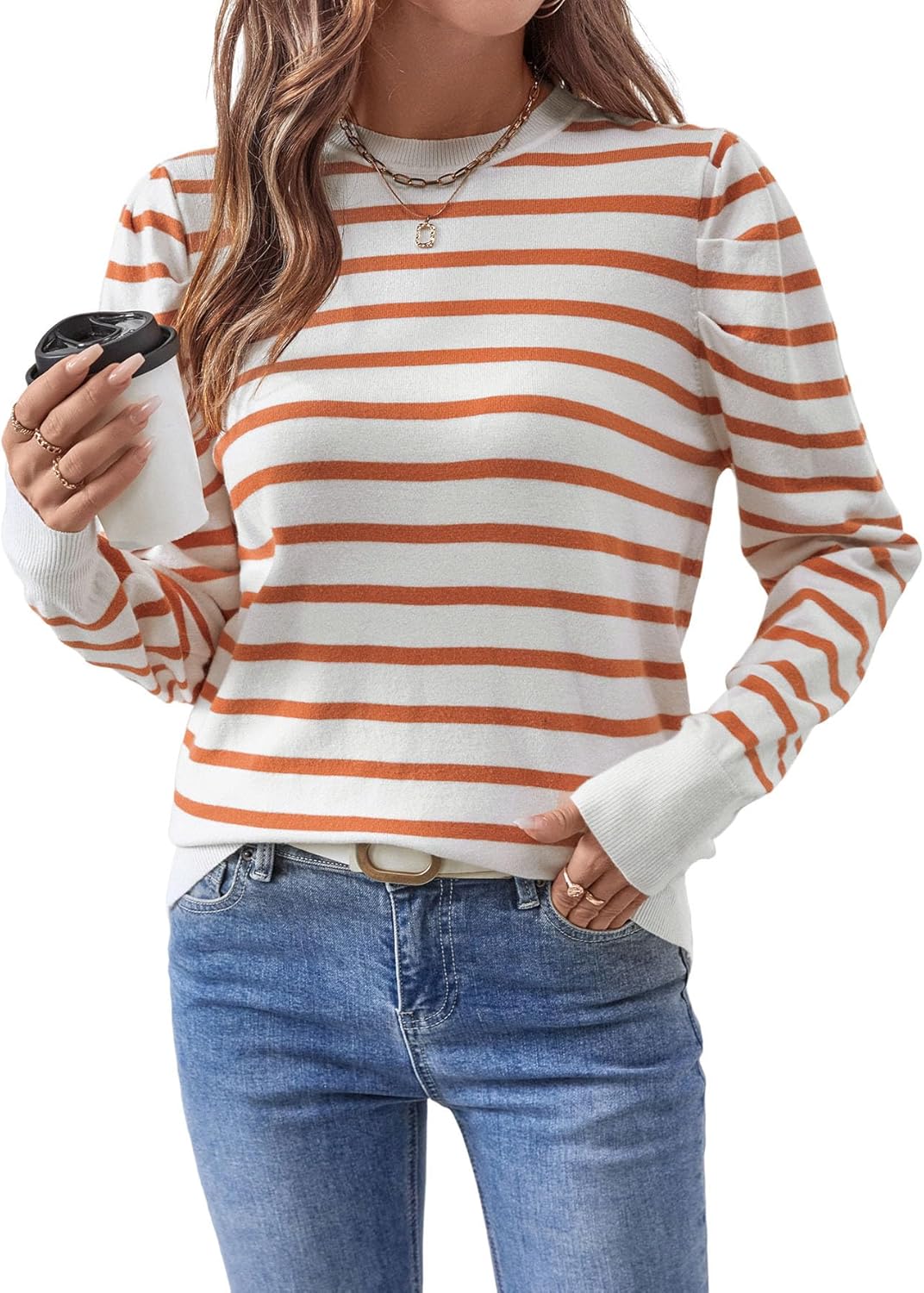 Women's Long Puff Sleeve Knit Tops 2024 Trendy Crew Neck Striped Blouses Casual Pullover Sweater