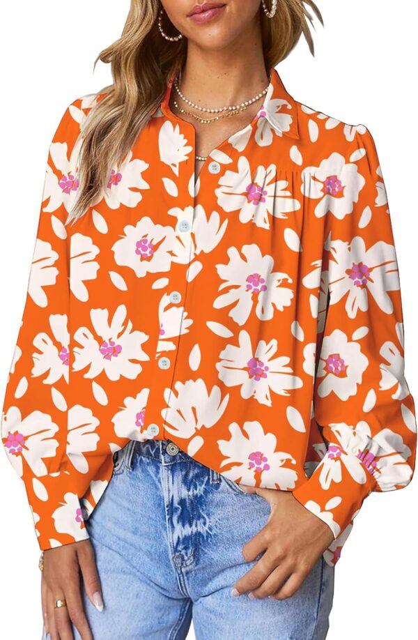 Womens Button Down Shirts Lantern Long Sleeve Dressy Casual Floral Printed Tops Chiffon Boho Trendy Blouses