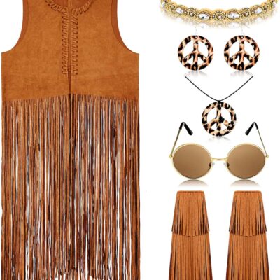 Shihanee 6 Pcs 60s 70s Outfits for Women Hippie Costume Fringe Vest Boot Covers Headband Necklaces Earrings Sunglasses