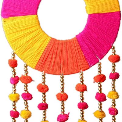Colorful Ring Wall Door Hanging Jute Ring Chakri Pom Pom Torans with Golden Bells for Home Office Wedding Event Party Anniversary Festive Rajasthani Decoration Items Multicolor