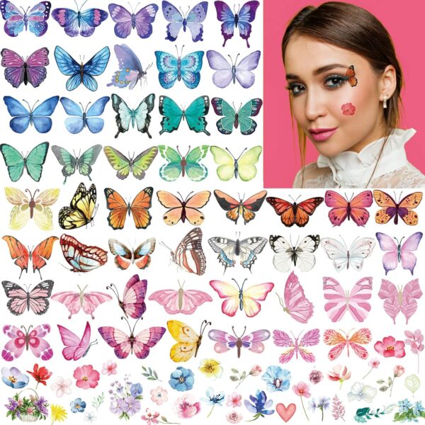 100Pcs Butterfly Temporary Tattoos for Kids Women Girls, Fake Colorful Butterflies Wings Flower Tattoo Stickers Art Waterproof for Face Body Arm Birthday Party Favors Makeup Supplies Gifts