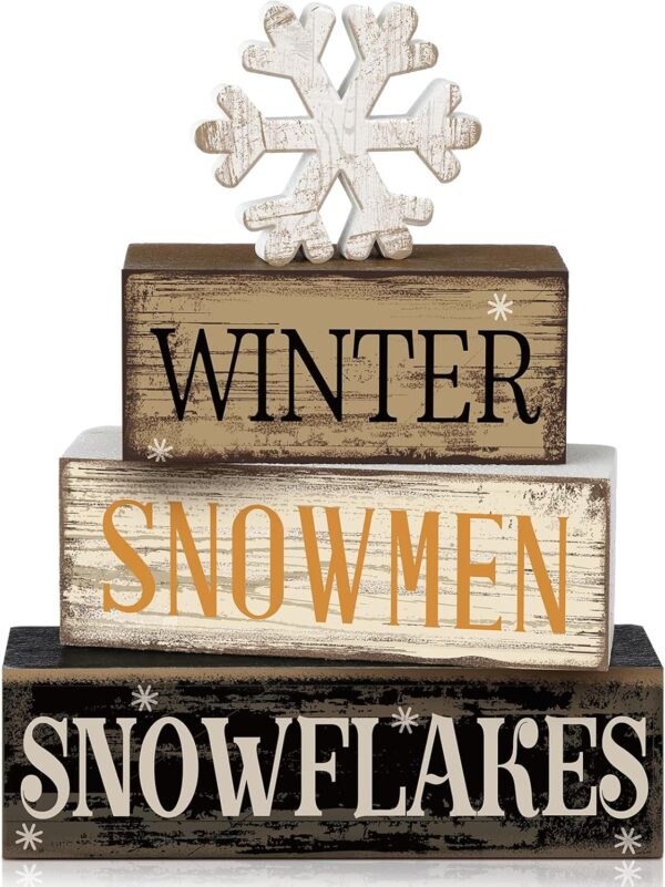 4 Pcs Winter Wooden Tabletop Decor Snowflake Tiered Tray Decor Christmas Centerpiece Rustic Winter Snow Block Signs Gift Farmhouse Winter Table Shelf Decoration for Home Office Party (Snow)