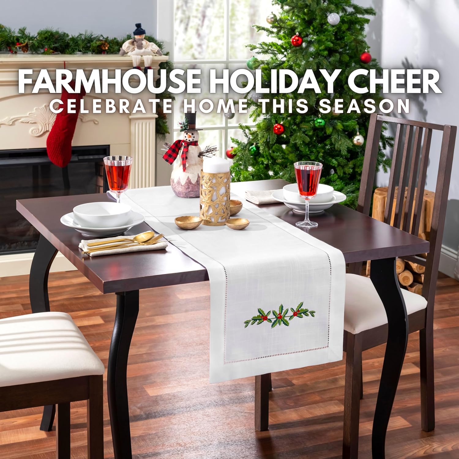 Holly Garland Embroidered White Christmas Table Runner - Ideal for Christmas Decor, White Christmas Decorations, Winterberry Holiday Decor and Winter Farmhouse Decor (14 x 108 Inches Long) - Image 2