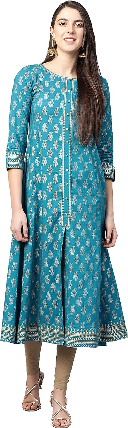 Indian Tunic Cotton Gold Print Anarkali Kurtis for Women (Red) - Image 3