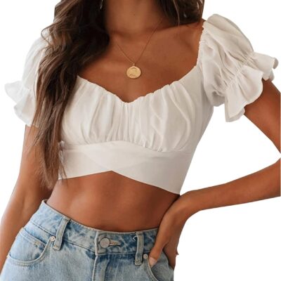 LYANER Women's Ruffle Short Sleeve Tie Up Back Crop Top Off Shoulder Bardot Blouse