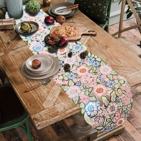 AMZALI Rectangular Table Runner, Embroidered Table Runner Cutwork Floral Design Scarf Spring Summer Fabric Dresser Runner for Home Kitchen Dining Tabletop Decoration 14"x 70" - Image 2