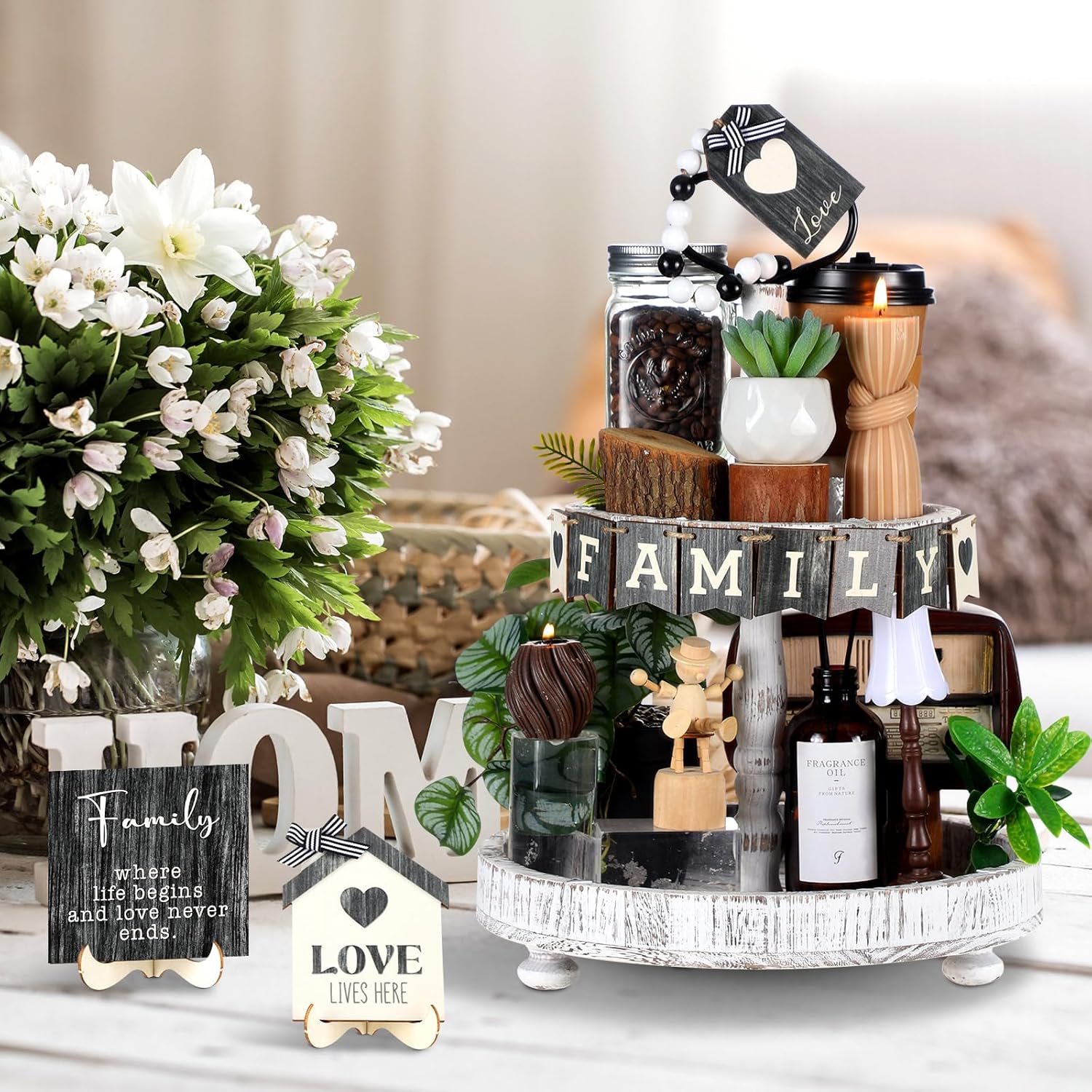 Mifoci 18 Pcs Farmhouse Tiered Tray Decor Home Wooden Signs Rustic Sweet Home Vintage Home Tabletop Spring Summer Table Centerpiece Black White Car Wood Block for Home Kitchen Table Bar Housewarming - Image 2