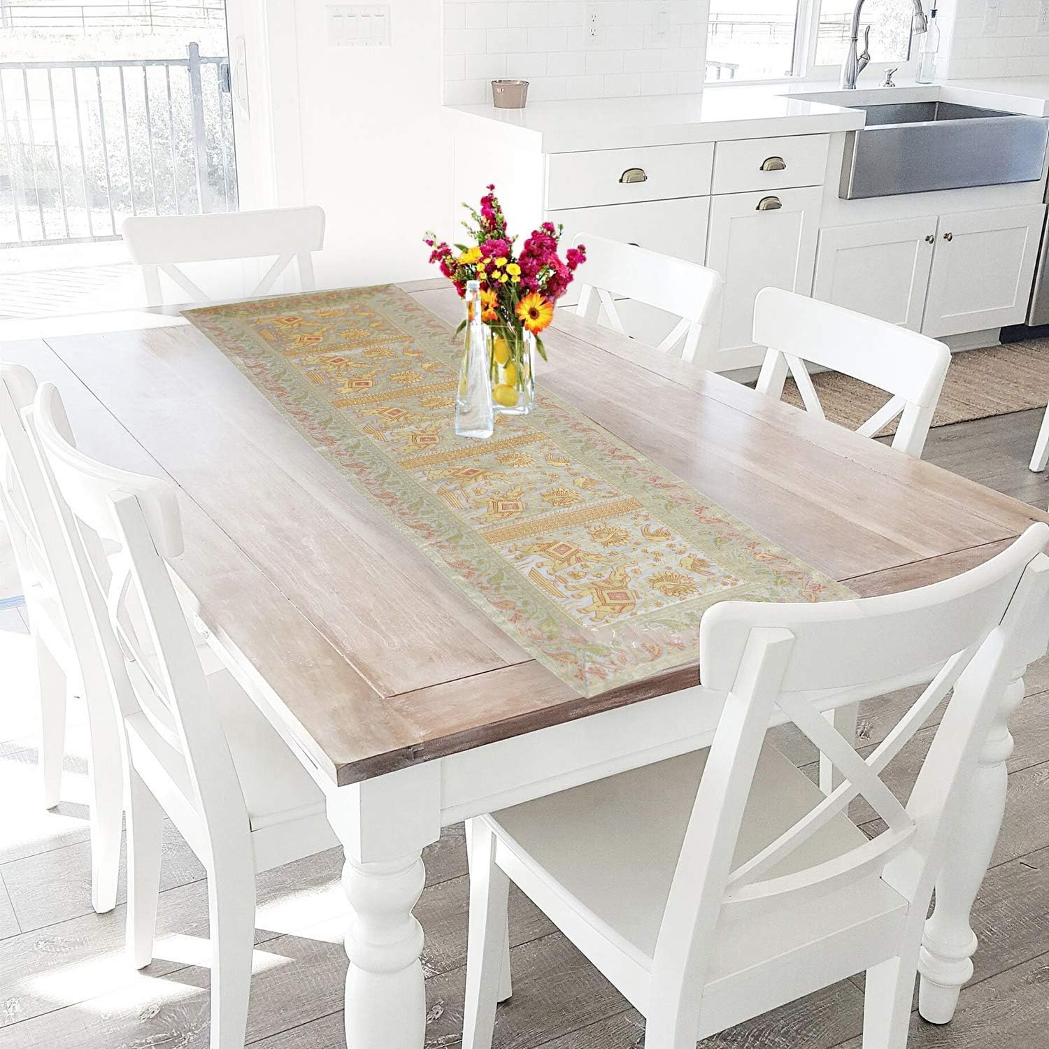 Indian Handmade Elephant Design Table Runner Traditional Decorative Ethnic Kitchen Table Cloth for Wedding Bridal Birthday Party Decorations Bridal Shower Baby Shower, 60 X 16 White & Gold Color - Image 2