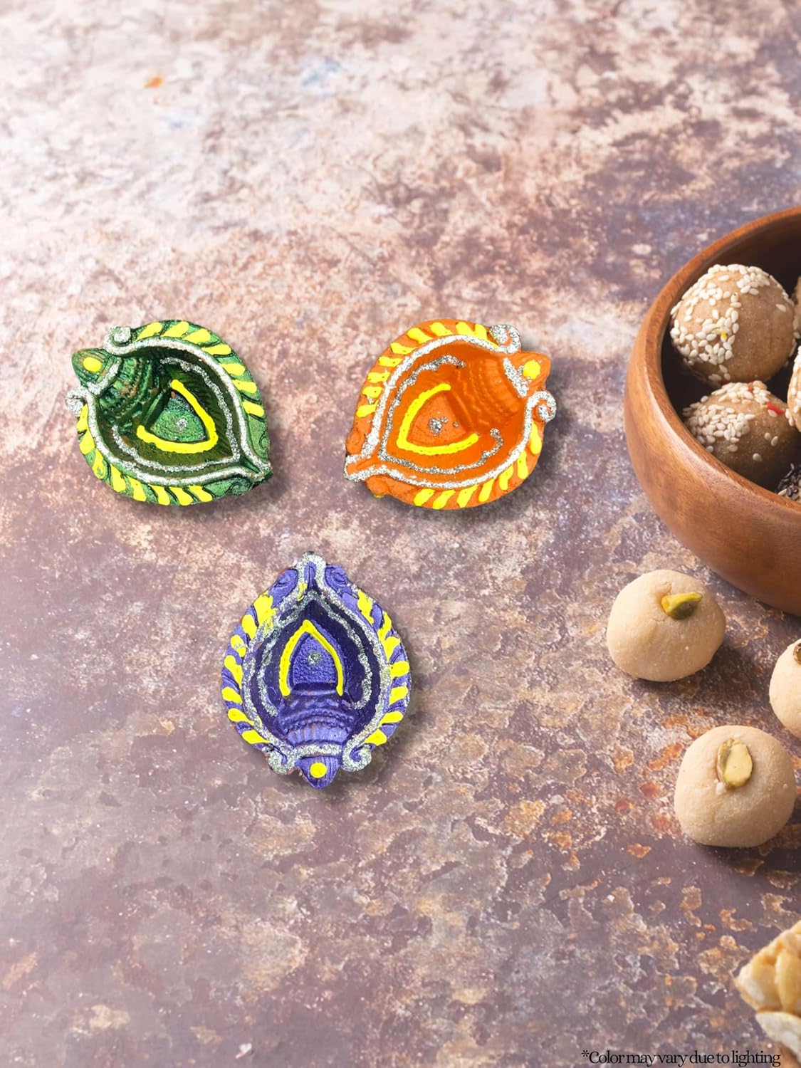 Leaf Shaped Multi-Color Clay Diya *Handmade Decorated Fancy* Pack of 12 Diwali Decor Home Decoration Diwali Lights Indian Oil Lamps - Image 3