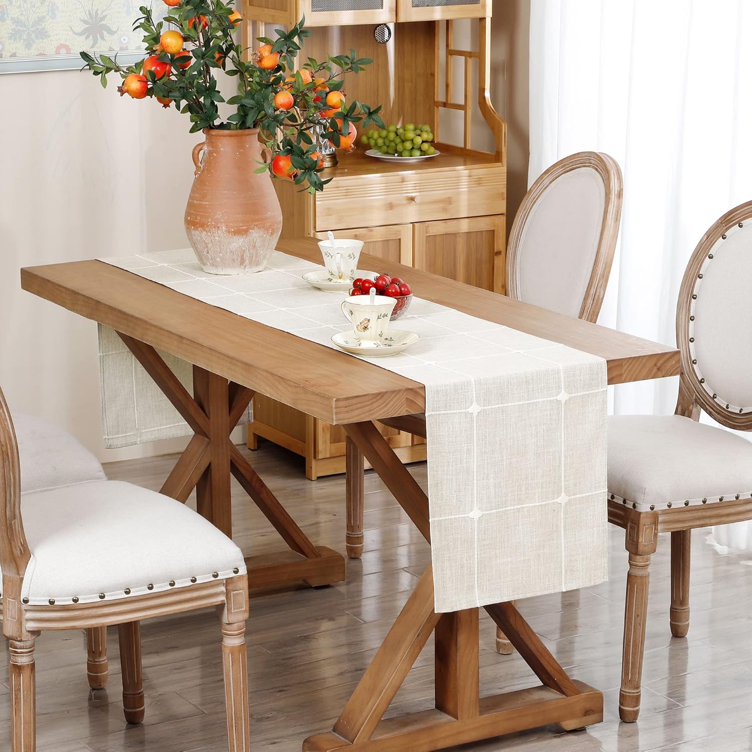 Embroidered Cloth Table Runner Rustic Plaid Farmhouse Table Runners Checkered Rectangle Runnerl for Dinning Dresser Coffee Party Holiday Table Decor Off White 13 x 48 inch - Image 2