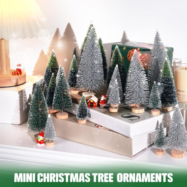 30Pcs Mini Christmas Trees Artificial Christmas Tree Bottle Brush Trees with Wooden Base for Christmas Decor Christmas Party Home Table Craft Decorations(Dark Green+Silver) - Image 7