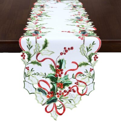 Grelucgo Embroidered Holly Leaves Table Runner for Christmas Holiday (14x70 inches)