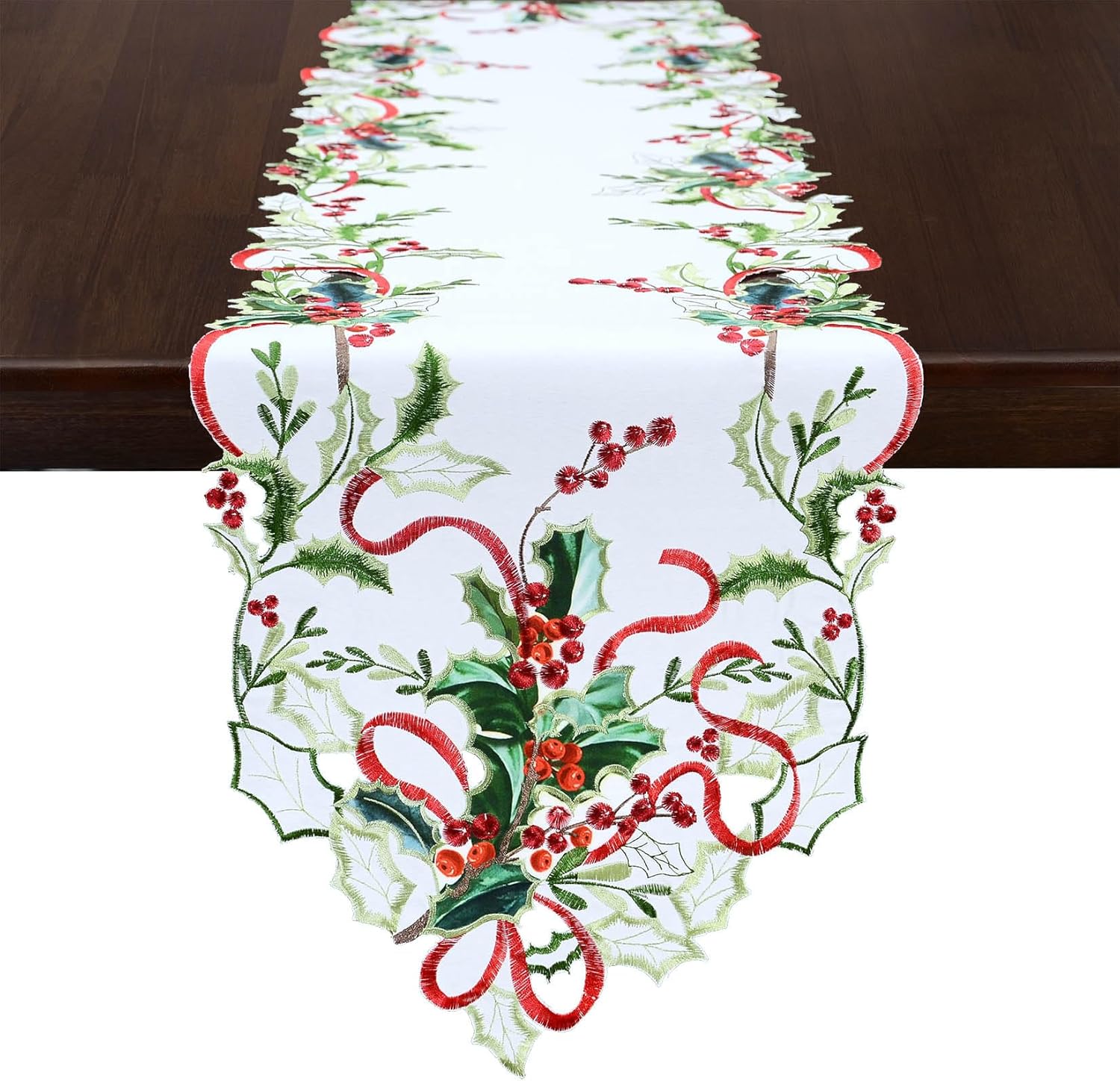 Grelucgo Embroidered Holly Leaves Table Runner for Christmas Holiday (14x70 inches)