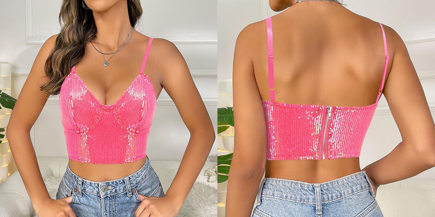 Giovacker Women's Sexy V-Neck Spaghetti Strap Sparkle Sequined Crop Tops Tube Top Bustier Vest Tank Rave Clubwear Camis Tee - Image 5